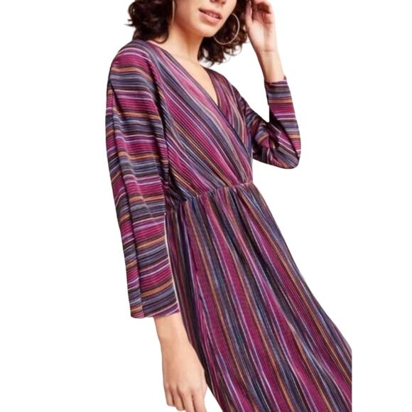 Anthropologie x CAARA Gillian Pleated Midi Burgundy Striped Dress Small New - Picture 2 of 11
